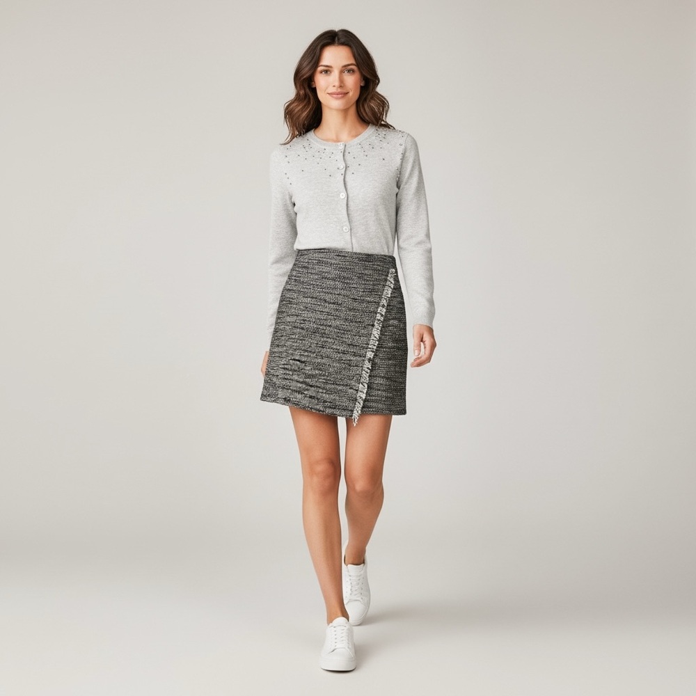 NWT LOFT Chic Black Tweed Mini Skirt with Fringe Detail